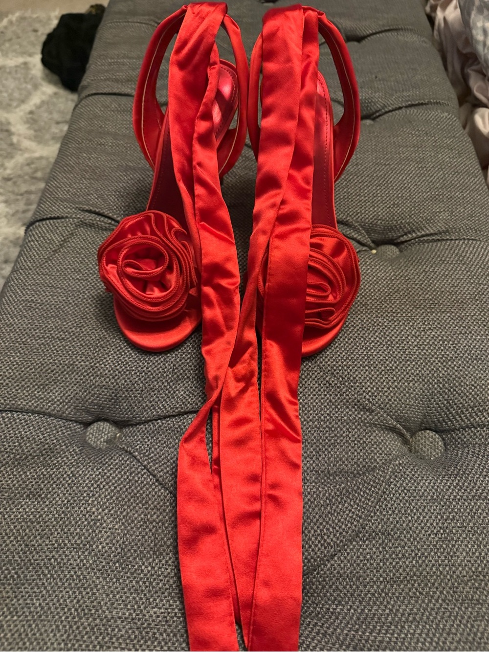 Nine West Red Satin Rose-Detail Ankle Tie Heels - Picture 8 of 9
